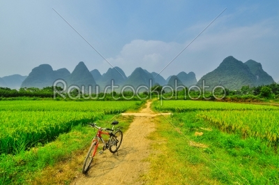 Li river ricefield mountain landscape in Yangshuo Guilin