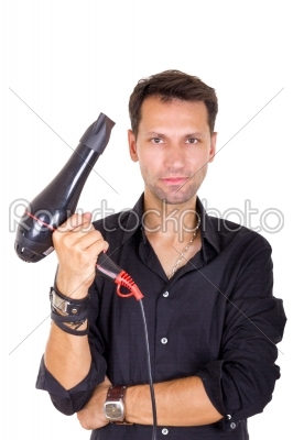 male barber with hair dryer