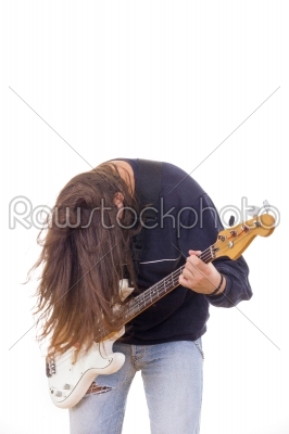male musician playing bass guitar with hair down