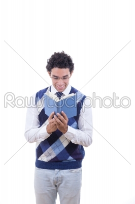 man excitedly reading a book