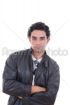 man in a leather jacket with sunglasses possing