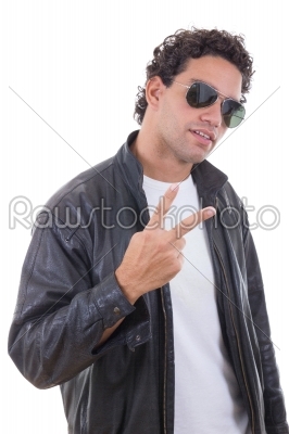 man in a leather jacket with sunglasses showing peace