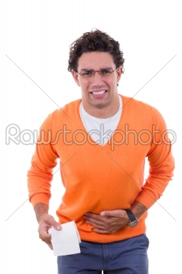man in need with stomach problems holding toilet paper in orange