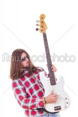 man in shirt playing bass guitar