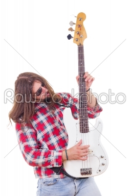 man in shirt playing electric bass guitar