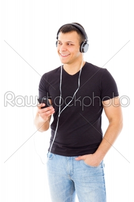 man listening radio show over phone with headphones