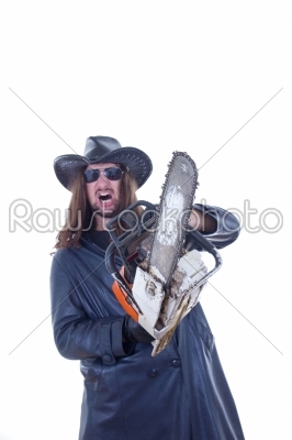 man pointing with a chainsaw