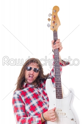 man showing his electric bass guitar