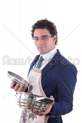 man with an apron holding a cooking pot