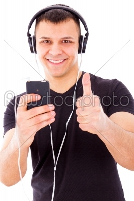man with headphones listening music on mp3 player