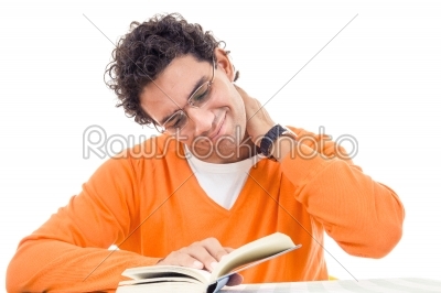 man with neck pain reading book