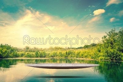 Metal stage hovering over a lake