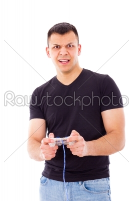 nervous young man playing video game with joystick