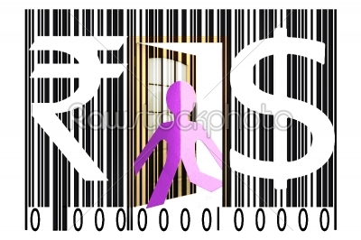 Paperman coming out of a bar code with Dollar and Rupee Signs