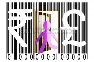 Paperman coming out of a bar code with Rupee and Pound Signs