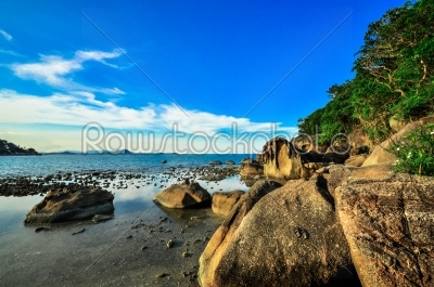 rocks panoramic tropical beach with coconut palm. Koh Samui,