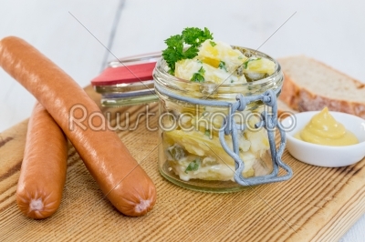 Sausages with mustard and potato salad