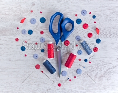 Sewing kit on a wooden table