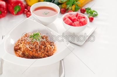spaghetti with bolognese sauce with gazpacho soup and fresh vege