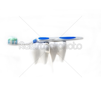 two teeth and brush isolated on white