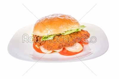 veal burger in bread bun with cucumber and tomato