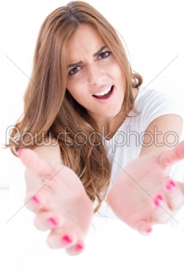 woman begging for help with hands stretched out