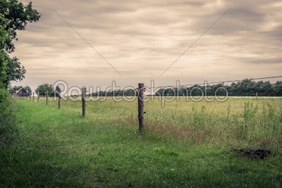 Wooden fence on a green field
