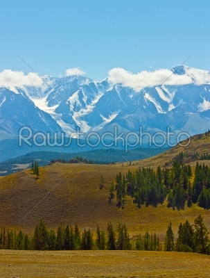 yellow hill and rock Altai mountain in ice