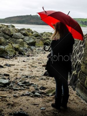 Young Woman With a Red Umbrella