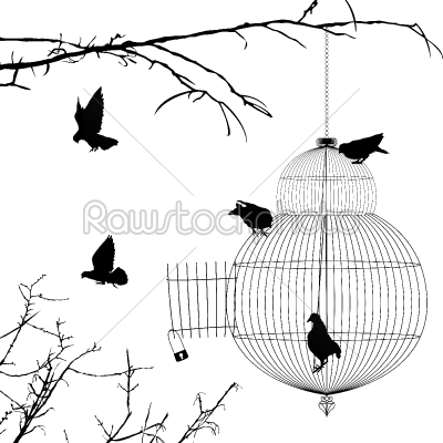 Open cage and birds silhouettes