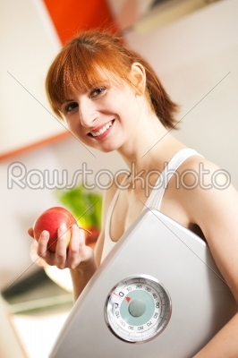 stock photo: loosing weight  woman with scale and apple-Raw Stock Photo ID: 42670