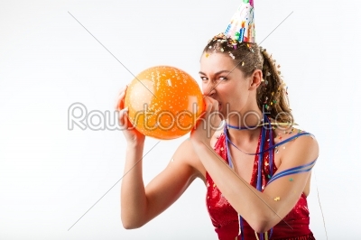 Angry Woman celebrating birthday with balloon