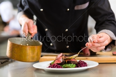 Chef in hotel or restaurant kitchen cooking