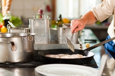 Chef preparing fish in restaurant or hotel kitchen