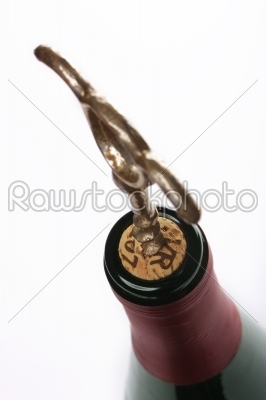 Corkscrew into a wine bottle