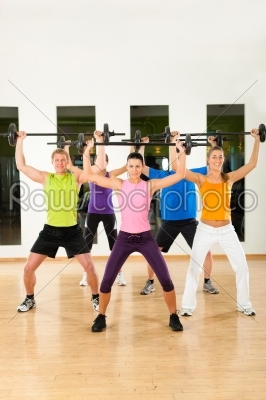Fitness group with barbell in gym