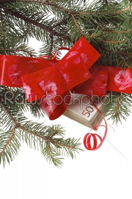 Gift money with red ribbon