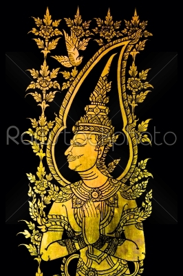 Gold painting In the ancient temple, Thailand.