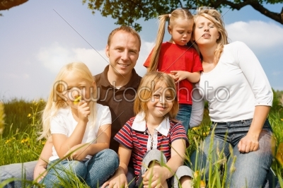 Happy family in summer on meadow