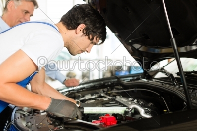 Mature man and mechanic looking at car engine 