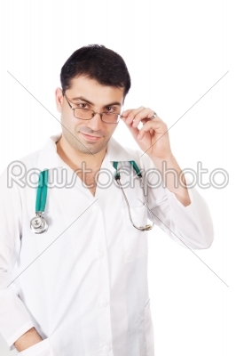 Smiling young medical doctor with stethoscope. Isolated over