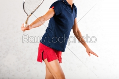 Squash racket sport in gym, woman playing