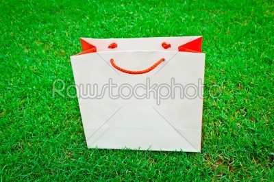 white red shopping bag on green grass 