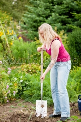 Woman gardener digging the soil 