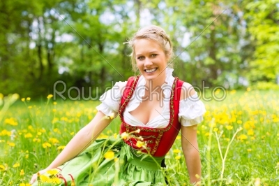 Woman in traditional Bavarian clothes or dirndl on a meadow
