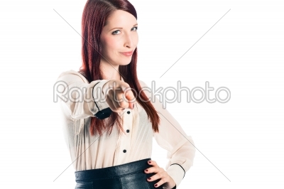 Young woman with white background wants you