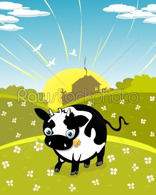 Cartoon cow on the meadow