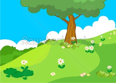 Forest, rainbow and clouds background landscape