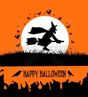 Happy Halloween Background with Spooky Witch on Orange