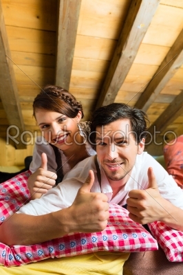 stock photo: couple with bed clothes in mountain cabin-Raw Stock Photo ID: 49706